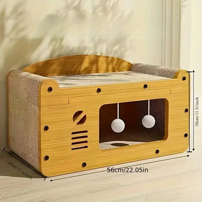 2-in-1 Cat Scratcher &   Cozy Bed - Durable Cardboard Lounge Bed with Hanging Toys
