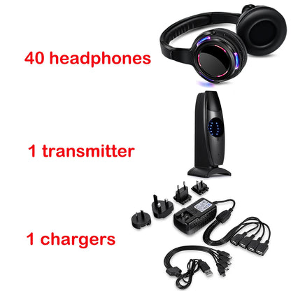 LED Transmitter Silent Disco Headphones for Quiet Events Parties Meetings Yoga - Adjustable Volume Wireless Music Headsets