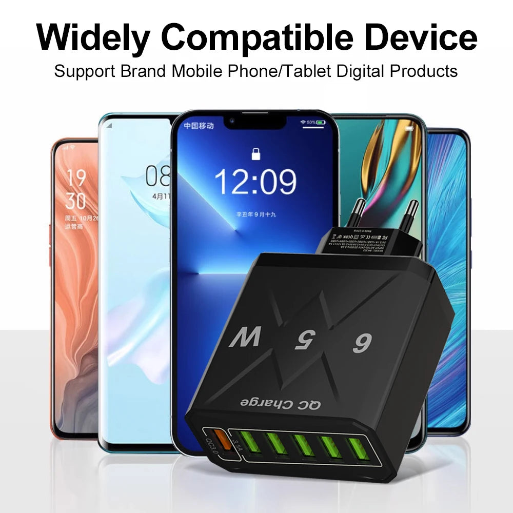 6 Ports USB Charger Fast Charging QC3.0 Travel Charger For iPhone17 16 Samsung Xiaomi Vivo Mobile Phone Adapter EU US UK Plug