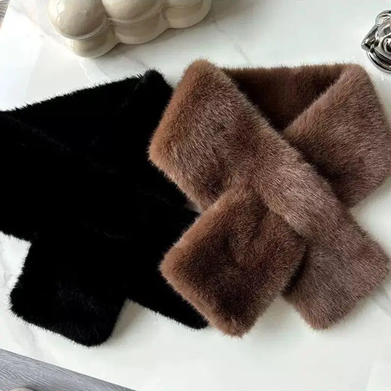Korean Women Winter Warm Thicken Cross Collar Scarf Imitation Faux Rabbit Fur Scarf Solid Furry Neck Warmer Cold Proof Scarves