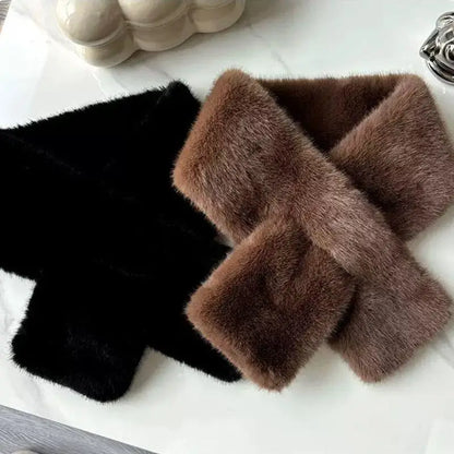 Korean Women Winter Warm Thicken Cross Collar Scarf Imitation Faux Rabbit Fur Scarf Solid Furry Neck Warmer Cold Proof Scarves