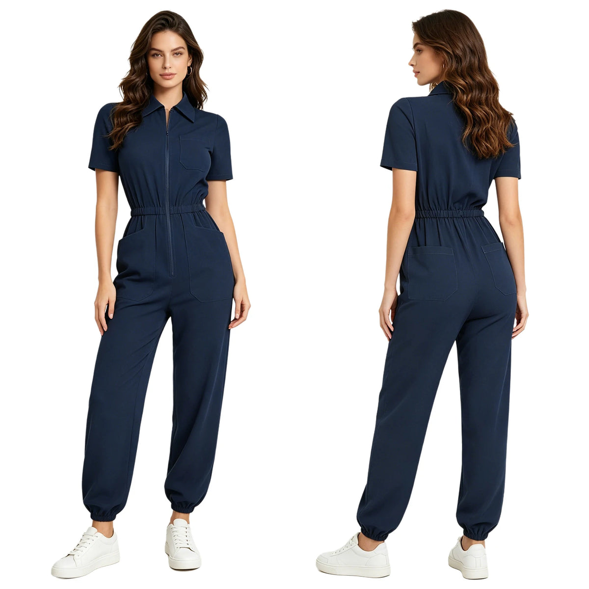 Womens Scrubs Jumpsuit Soft Stretch Medical Scrub Set with Pockets Front Zipper Elastic Waist Jogger Pants Nurse Doctor Workwear