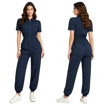 Womens Scrubs Jumpsuit Soft Stretch Medical Scrub Set with Pockets Front Zipper Elastic Waist Jogger Pants Nurse Doctor Workwear