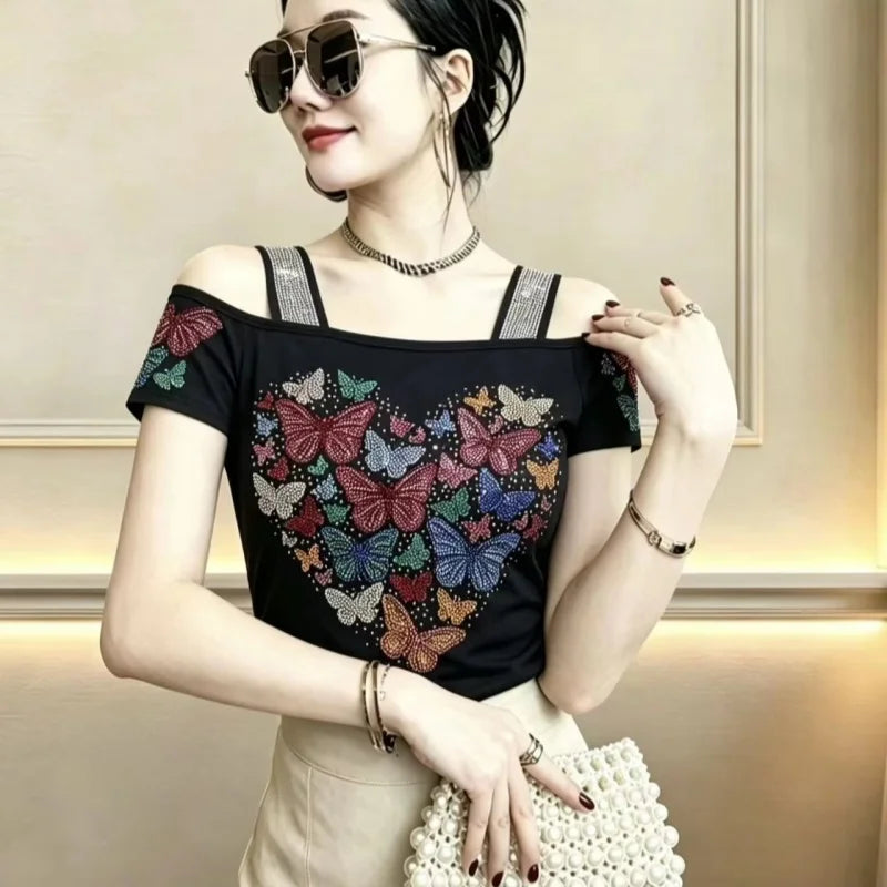 High Quality Elasticity Clothes Fashion T-Shirts Women's Sexy Off Shoulder Shiny Diamonds Mesh Tops Summer Tees Shirt