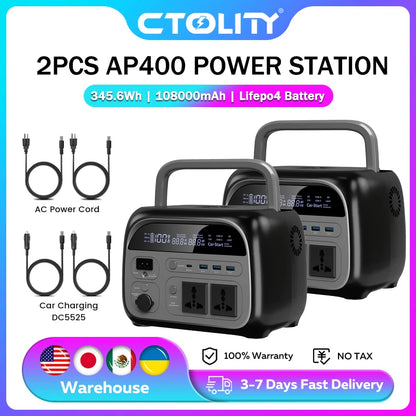CTOLITY 500W Portable Power Station 345.6Wh Solar Generator LiFePo4 Batteries AC 220V Energy Storage Supply Camping 2PCS AP400