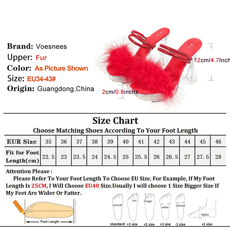12CM Slippers For Women Gladiator Square Toe High Heels Summer Party Female Fur Sandals Plus Size Luxury Rhinestone Models Shoes