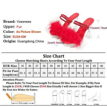 12CM Slippers For Women Gladiator Square Toe High Heels Summer Party Female Fur Sandals Plus Size Luxury Rhinestone Models Shoes