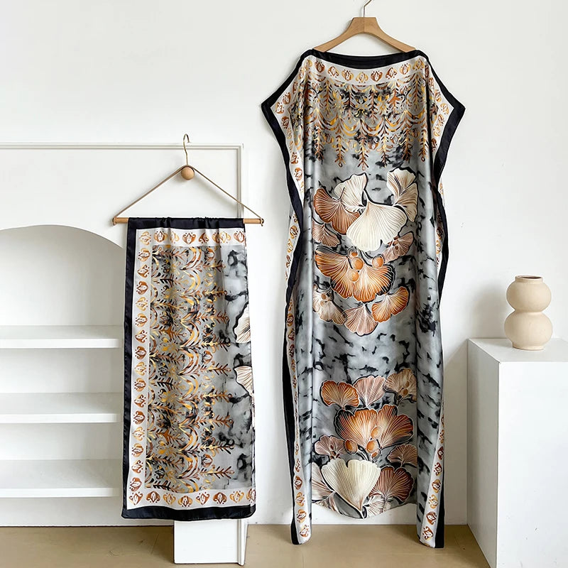 Fashion Summer Kaftan Dress for Women with Big Scarf Loose Abaya Muslim Casual Print Shawl Robe African Style Dubai Turkey