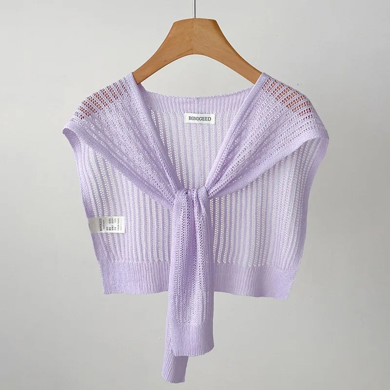 Lace Hollow Linen Knitted Shawl Summer Air Conditioning Fake Collar Neck Guard Knit Thin Knotted Cape Shoulder Scarf For Women