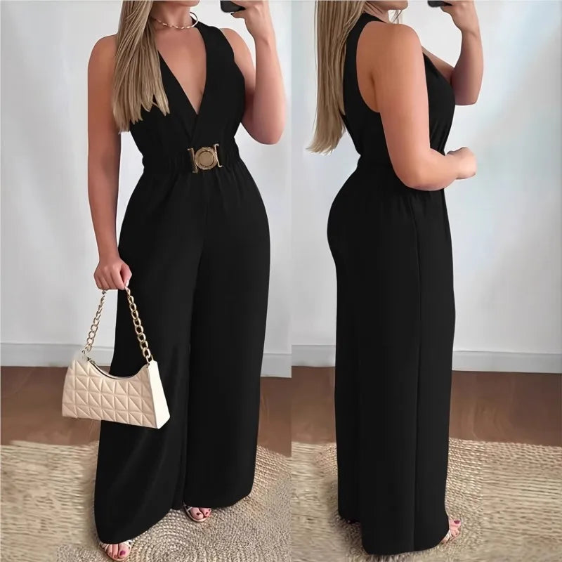 Fashion Elegant High Waist Jumpsuit Women 2026 New Summer V-neck Sleeveless Solid color Wide Leg Pants Romper Jumpsuits Overalls