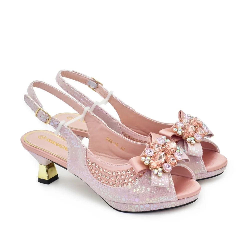 New Arrival Nigerian Women Heel Party Shoes and Bag Set Champagne Colour Rhinestone Handbag Italian Design Wedding