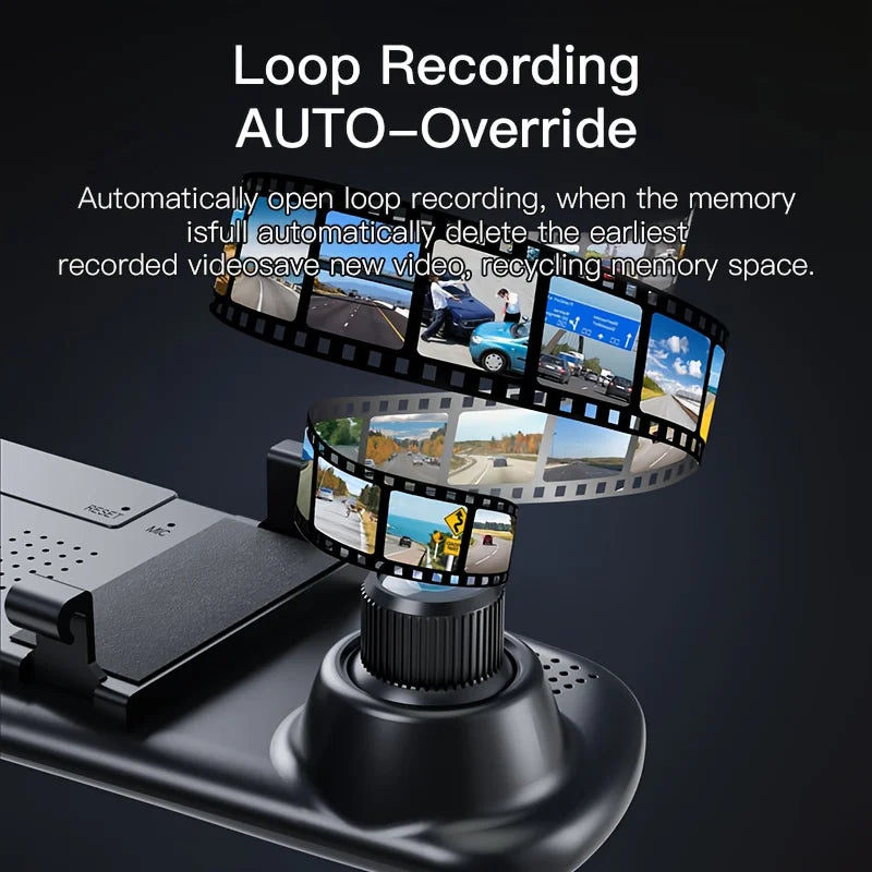 Dual Camera Dash Cam, Front/Rear Lenses, Rearview Mirror Cam, 64GB Card, Night Vision, Wide Angle, Loop Recording