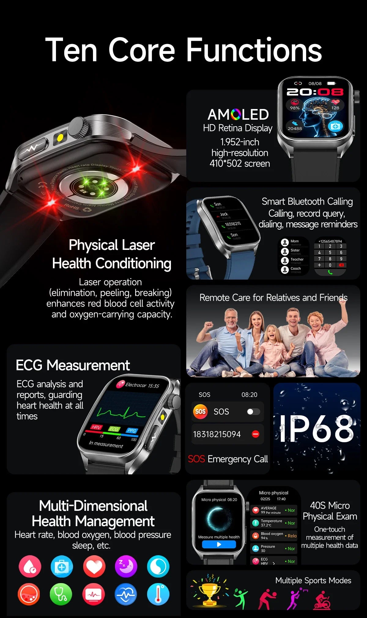 2026 New Health Smart Watch Laser Therapy Reduce Three Highs Blood Oxygen Pressure Uric Acid Blood Lipid ECG Smartwatch For Man