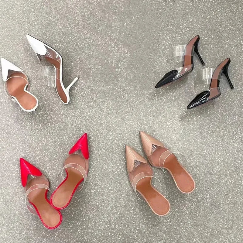 Elegant Pointed Toe Transparent PVC Heart High Heels Mules Slipper Shoes Women 2025 Black White Red Shoes Luxury Designer Pumps