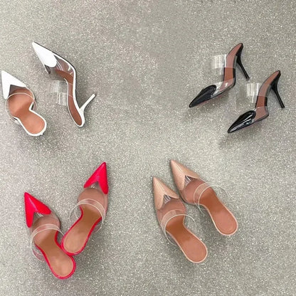 Elegant Pointed Toe Transparent PVC Heart High Heels Mules Slipper Shoes Women 2025 Black White Red Shoes Luxury Designer Pumps