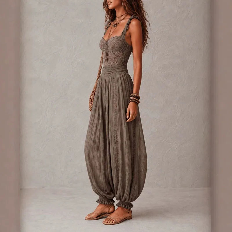 Elegant Lace Trim Boho Jumpsuits Sleeveless Ruffle Spaghetti Strap High Waist Panel Crinkle Romper Women Summer Casual Playsuits