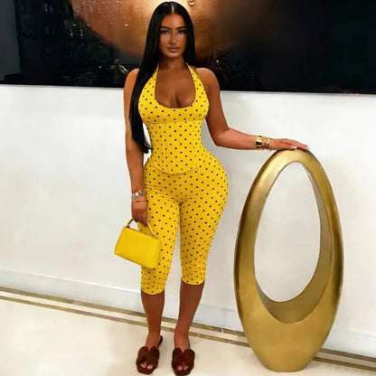 Doyerl Polka Dot One Piece Jumpsuits for Woman Club Outfits Halter V-neck Backless Lace-up Bandage Corset Bodycon Romper Mono
