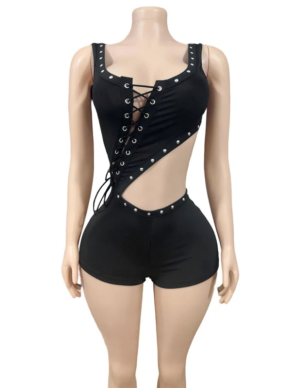 Y2k Sexy Rompers Women Outfit Hollow Out Laced Up Sleeveless Tight Bodycon Romper Ribbed One Piece Shorts Jumpsuit Playsuit