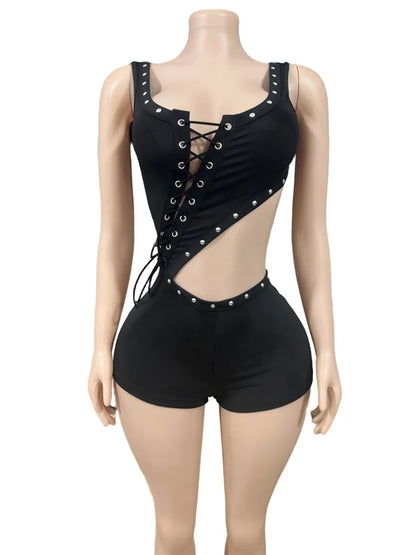 Y2k Sexy Rompers Women Outfit Hollow Out Laced Up Sleeveless Tight Bodycon Romper Ribbed One Piece Shorts Jumpsuit Playsuit