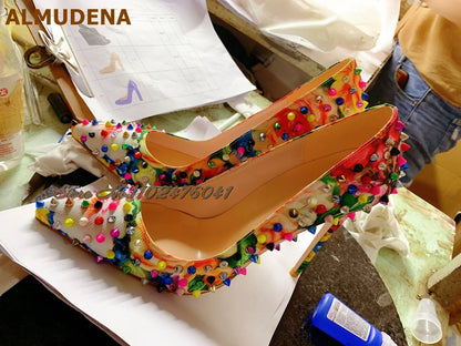 ALMUDENA Multi-Color Rivets Thin High Heel Dress Shoes 12Cm 10Cm 8Cm Stilettos Pointed Toe Shallow Pumps Pricts Spikes Footwear