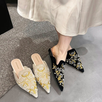 Embroidery Women Mules Slippers Luxury Elegant Pointed Toe Slides Shoes Ladies Sandalias Pointed Bead Embroidery Roman Style