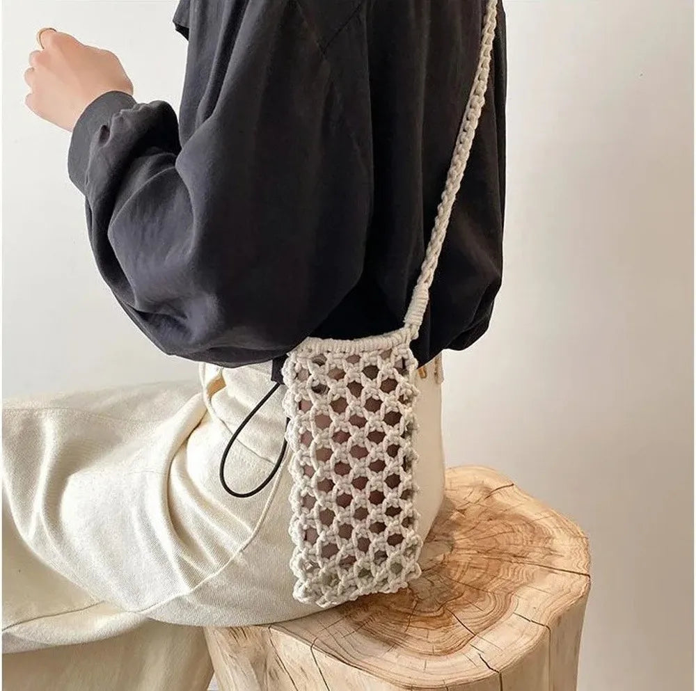 Hollow-out Woven Crochet Small Crossbody Phone Bag Women Fashion Solid Color Lightweight Braided Shoulder Handbag Crossbody Bags
