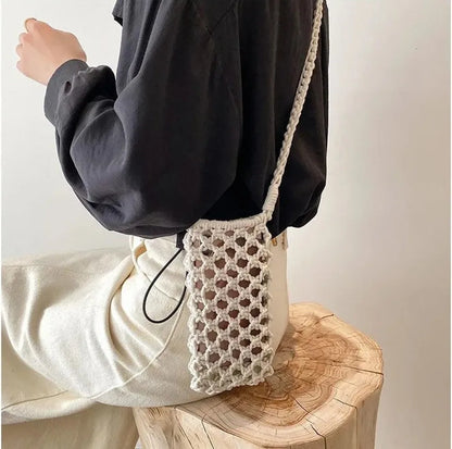 Hollow-out Woven Crochet Small Crossbody Phone Bag Women Fashion Solid Color Lightweight Braided Shoulder Handbag Crossbody Bags