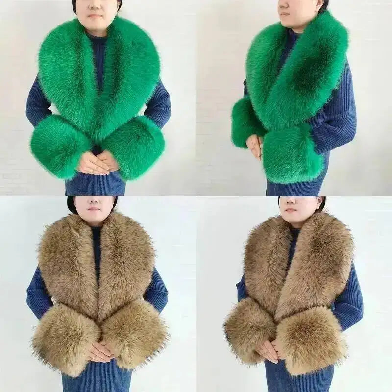 Large Women Faux Fox Fur Scarf Winter Jackets Warm Fluffy Shawl Fashion Artificial Fur Collar And Cuff Set Fluffy Scarves Female