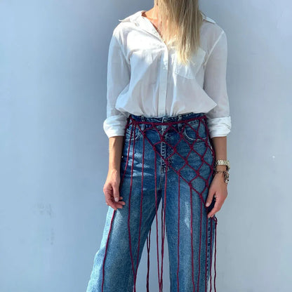 Bohemian Bikini Cover Up Skirt Netted Fringe Scarf Shawl Decorative Tassel Ethnic Handwoven Mesh Tassel Waistband Butt Curtain