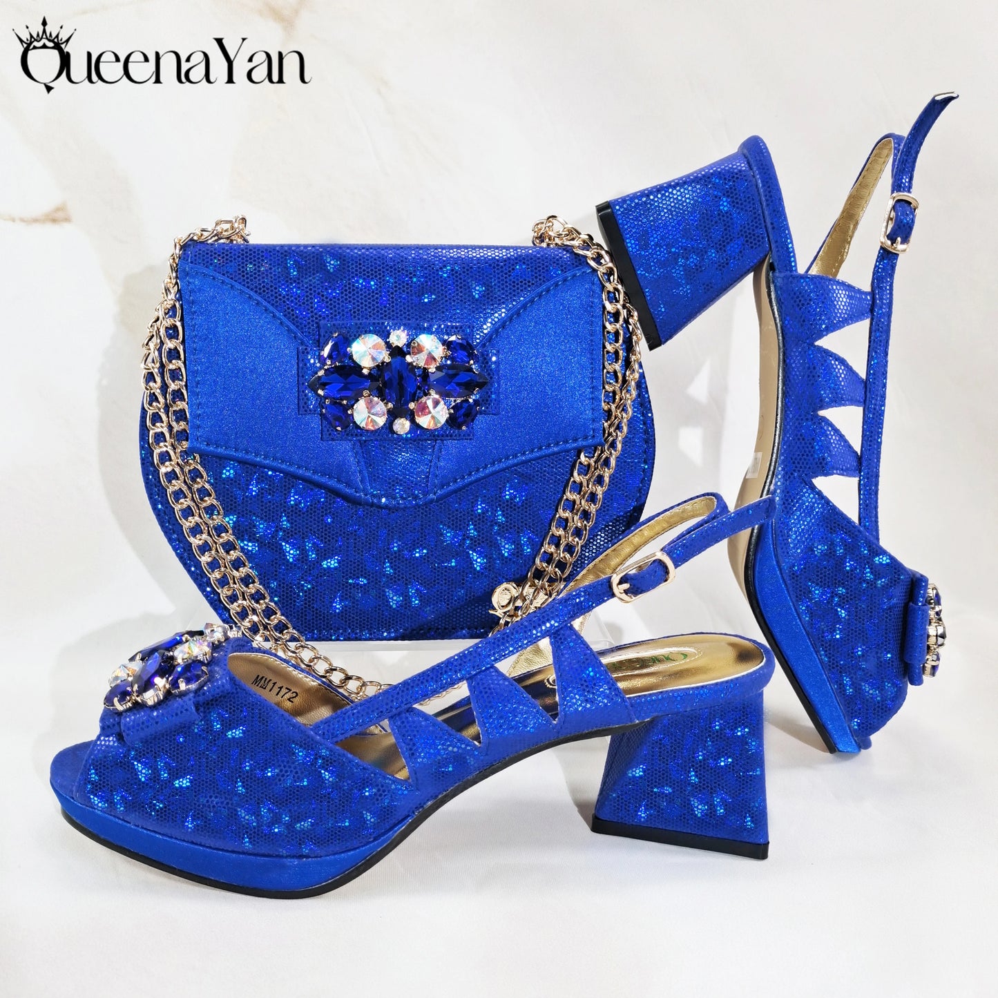 Queena Yan New Arrival  Special Synthetic Fabrics Design Teal Color Women's Matching Shoe and Bag Set  for Weddings and Parties