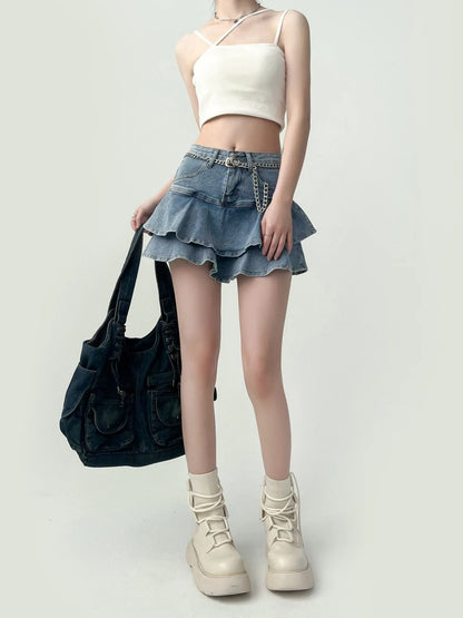 Spice Girls Denim Skirt Anti-Slip Double Denim Skirt Women's Stretch High-Waisted Slimming A-Line Cake Skirt