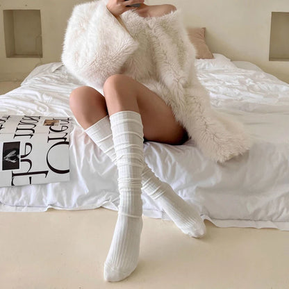 Spring Knee Length Stockings for Women White Pile Socks Fashion GIrls JK Slimming Boots Sock Japanese Calf Socks Cotton Footwear