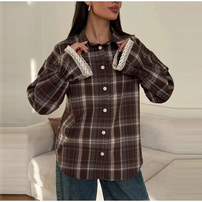 Plaid Short Trench Coat Women Lapel Collar Double Breasted Belted Waist Long Sleeve Loose Jacket 2026 Autumn Casual Chic Coats