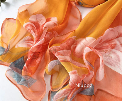 Gradient Lily Print Pretty Women Elegant Chiffon Georgette Bandana Scarf Summer Beach Sunscreen Thin Shawl