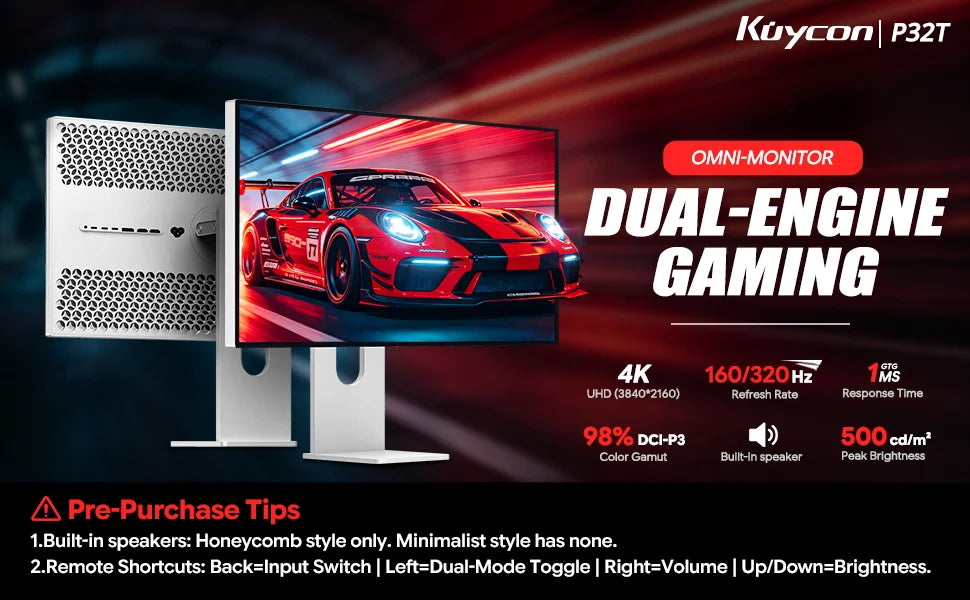 Kuycon P32T 32" 4K UHD(3840x2160) Fast IPS Gaming Monitor Glossy Built-in Speakers Display Dual-Mode 160Hz UHD 320Hz FHD Screen