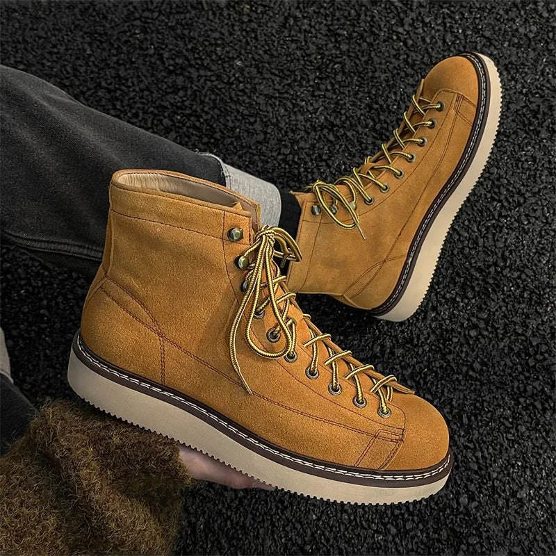 New High Quality Handmad Men Luxury Real Cow Suede Leather Shoes Tooling Ankle Boots Desert Platform Boots Work Motorcycle Boots