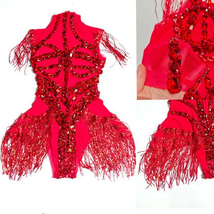 Sexy See-through Glitter Red Crystal Fringe Bodysuit High Elasticity Drag Queen Costume Festivals Outfit NightClub Dance Outfits