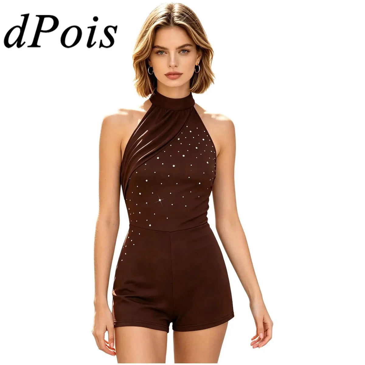 Women Fashion Rhinestone Party Jumpsuit Halter Backless Mesh Rompers for Casual Daily Life Birthday Vacation Beach Bodysuit