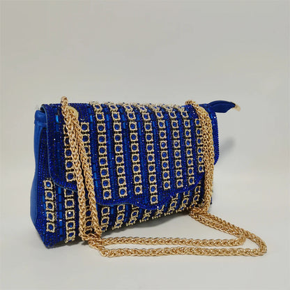 Hot Selling Blue Mid Heel Women Crystal Design Sandal with Rhinestone Bag Set For Lady Party Rhinestone Sandal Shoes F1207-3