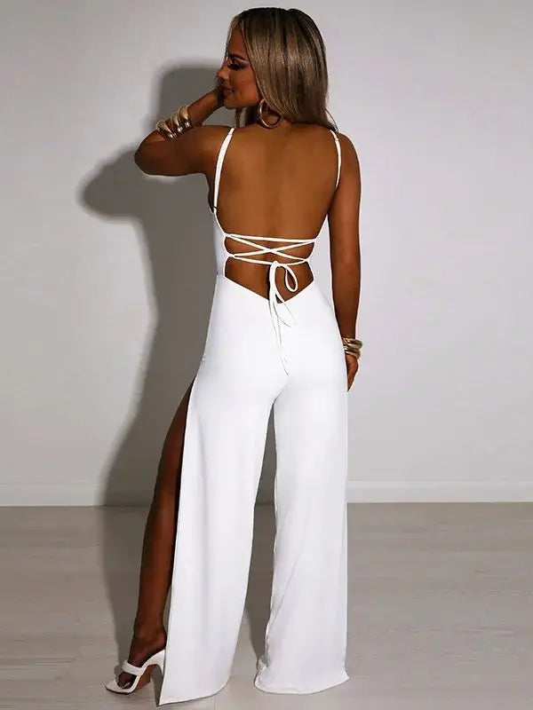 Summer New Fashion Y2K Solid Color Slit Long Pants Backless Strap Gothic Dark Style Women's Jumpsuit