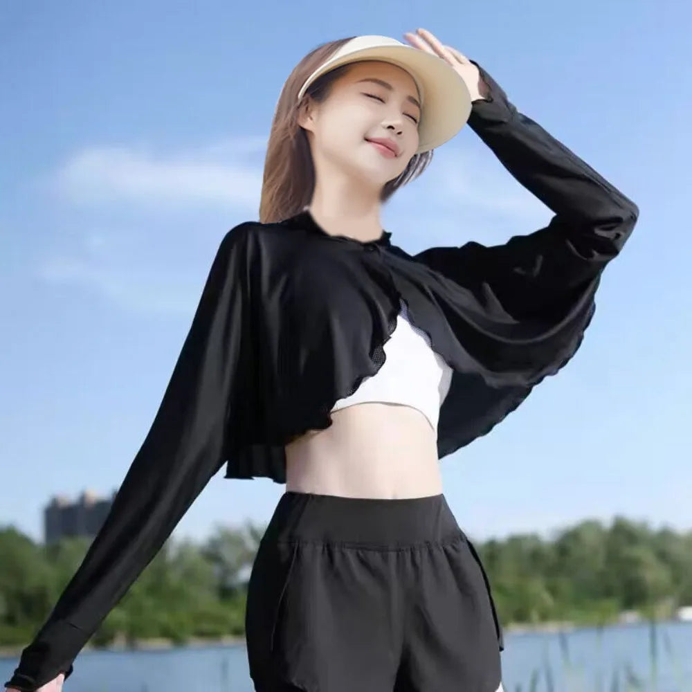 New Casual Women's Sunscreen Shawl Solid Color Breathable Sunscreen Capes Long-sleeve Ice Silk Thin Coat Summer Outdoor