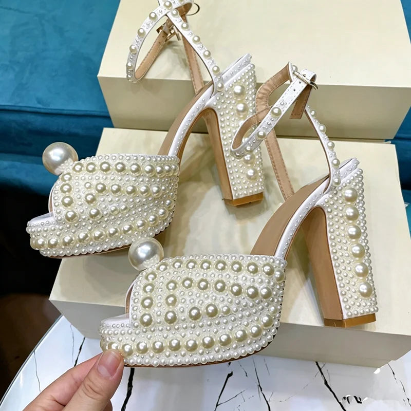 Luxury Full Pearl Platform Heeled Sandals Women White Peep Toe Ankle Strap Block Heels Elegant Bridal Shoes Wedding Prom