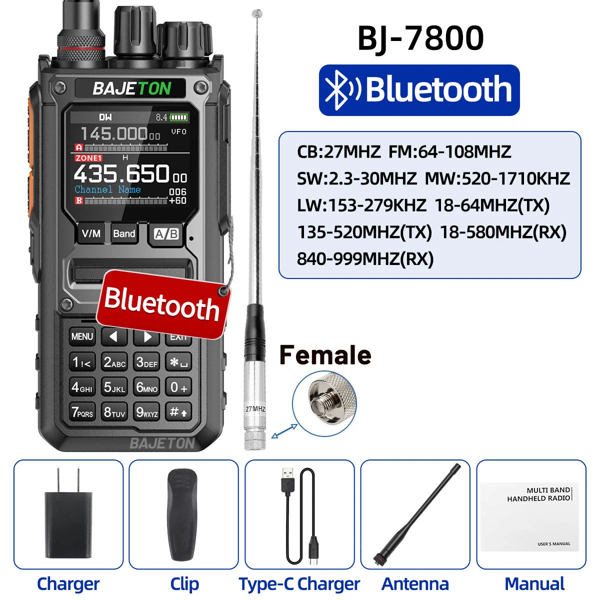 BAJETON BJ-7800 Walkie Talkie Long Range SW MW LW AM SSB CB 10W Receive Wireless Bluetooth Phone Programming Ham Radio RT-920