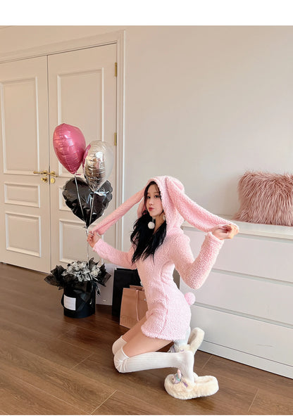 Pink Rabbit Hooded Fluffy Jumpsuits Sweet Zipper Long Sleeve Solid Color Rompers Flannel Onesie Shorts Pajamas Loungewear