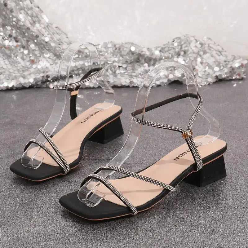 Elegant Square Toe Medium Heel Woman's Sandals Women Summer 2026 Luxury Rhinestore Strap Sandals Plus Size Woman Designer Shoes