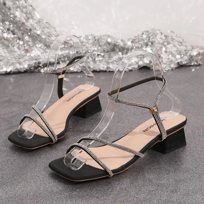 Elegant Square Toe Medium Heel Woman's Sandals Women Summer 2026 Luxury Rhinestore Strap Sandals Plus Size Woman Designer Shoes