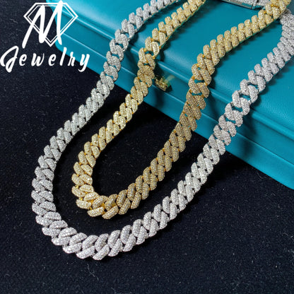 Wholesale 10mm Copper Moissanite Cuban Link Chain Iced Out Full Paved VVS Moissanite Necklace Box Clasp with Safety Latch Unisex