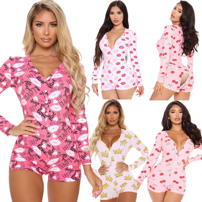 Women's Pajama High Waist Playsuit Christmas Pattern Printing Romper Long Sleeve V Neck Short Pants Home Wear Clothes