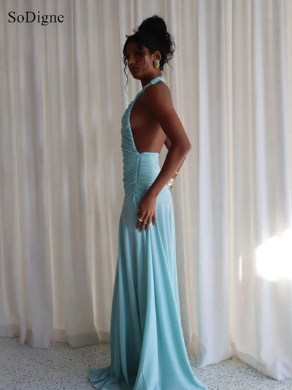 SoDigne Sexy Evening Dresses Pleated Low Cut-out Halter Backless Party Dress Sleeveless A-Line Prom Gowns Summer 2026 Customized