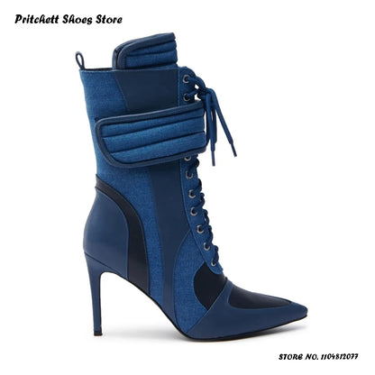 Women's Sports Style Stiletto Booties Patchwork Cross-tied Trending Ankle Boots Pointed Toe Thin Heels Side Zip Plus Size Shoes